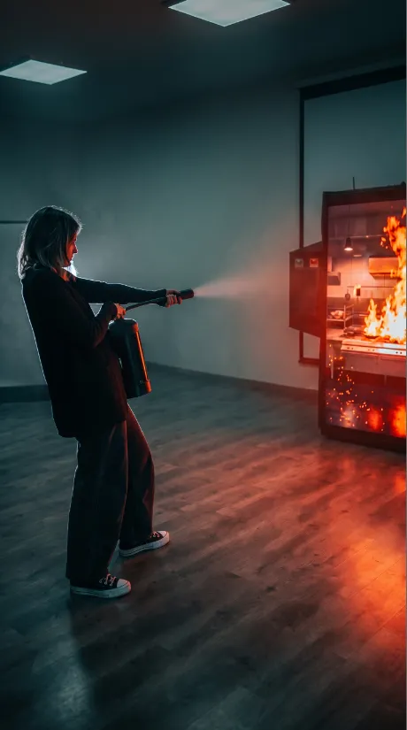 Operadora usando extintor frente al simulador de cocina en llamas
